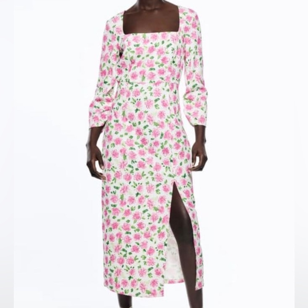 ZARA SATIN FLORAL MULTICOLORED PINK MIDI DRESS small pink green white